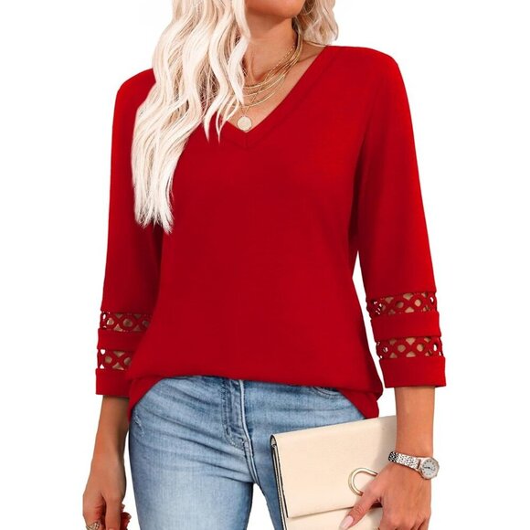 Tops - Womens Red Dressy Casual Polyester Blouses Trendy V Neck T Shirts Summer Tops